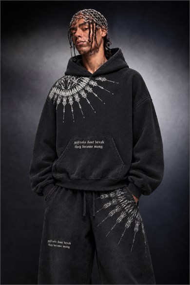 Erkek Siyah Mantra Özel Yıkamalı Oversize Hoodie