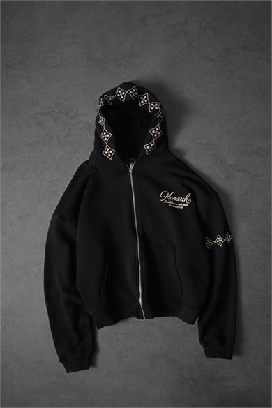 Erkek Siyah Monarch Nakışlı Oversize Full Zip Hoodie