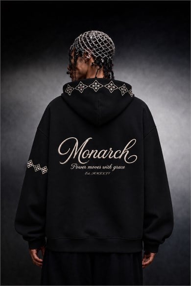 Erkek Siyah Monarch Nakışlı Oversize Full Zip Hoodie