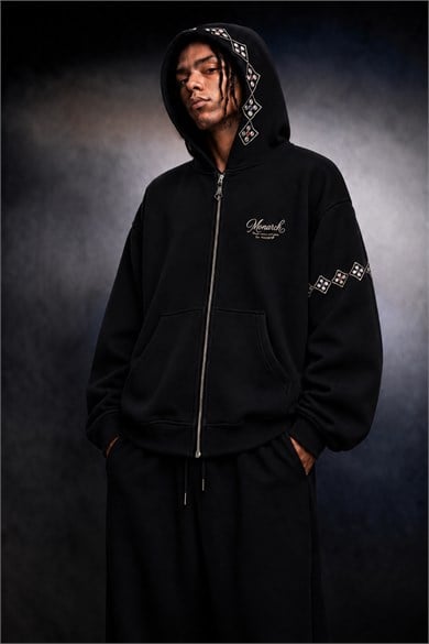 Erkek Siyah Monarch Nakışlı Oversize Full Zip Hoodie