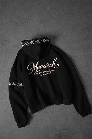 Erkek Siyah Monarch Nakışlı Oversize Full Zip Hoodie