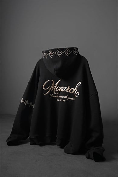 Erkek Siyah Monarch Nakışlı Oversize Full Zip Hoodie