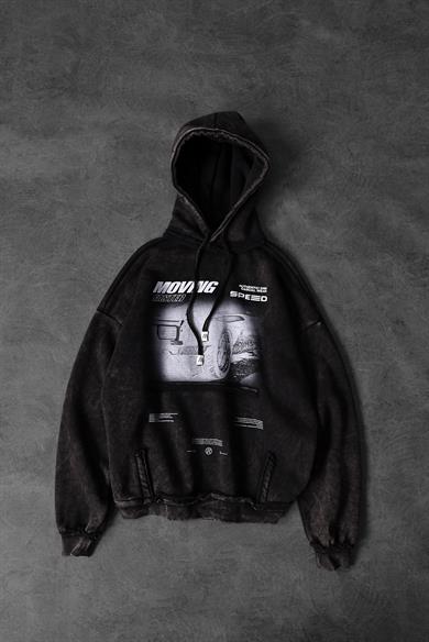 Erkek Siyah Moving Faster Özel Yıkamalı Oversize Kapüşonlu Sweatshirt