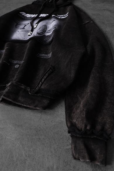 Erkek Siyah Moving Faster Özel Yıkamalı Oversize Kapüşonlu Sweatshirt