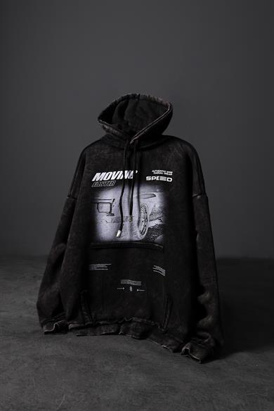 Erkek Siyah Moving Faster Özel Yıkamalı Oversize Kapüşonlu Sweatshirt