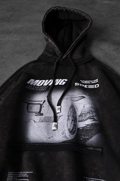 Erkek Siyah Moving Faster Özel Yıkamalı Oversize Kapüşonlu Sweatshirt