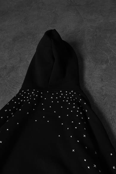 Erkek Siyah Nakış Detay Full Zip Oversize Kapüşonlu Sweatshirt