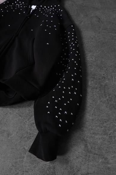 Erkek Siyah Nakış Detay Full Zip Oversize Kapüşonlu Sweatshirt