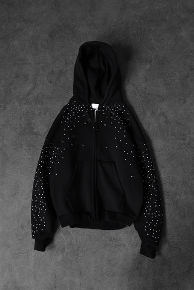 Erkek Siyah Nakış Detay Full Zip Oversize Kapüşonlu Sweatshirt