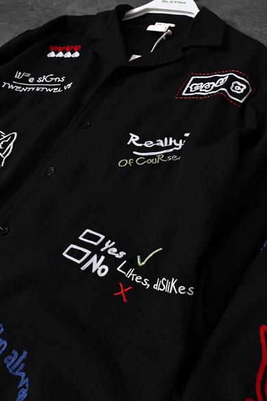 Erkek Siyah Nakış Detay Oversize Uzun Kollu Gömlek