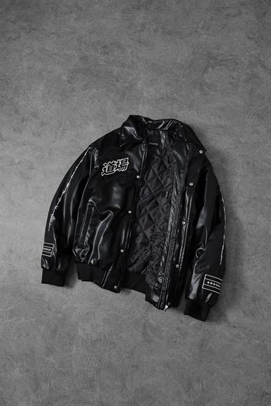 Erkek Siyah Nakış İşlemeli Ekstra Dolumlu Fermuarlı Bomber Deri Ceket