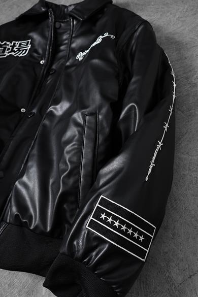 Erkek Siyah Nakış İşlemeli Ekstra Dolumlu Fermuarlı Bomber Deri Ceket