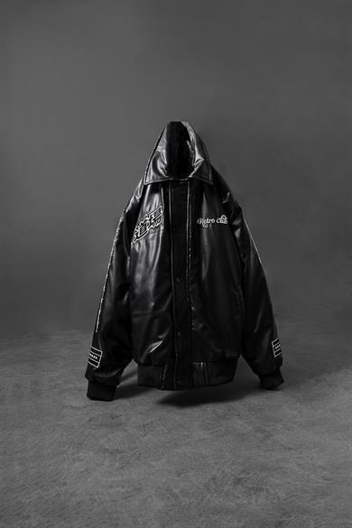 Erkek Siyah Nakış İşlemeli Ekstra Dolumlu Fermuarlı Bomber Deri Ceket