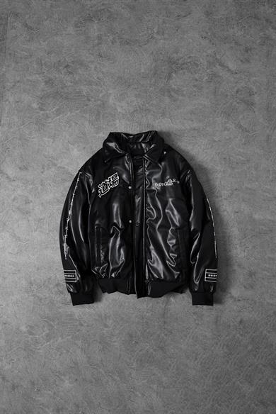 Erkek Siyah Nakış İşlemeli Ekstra Dolumlu Fermuarlı Bomber Deri Ceket