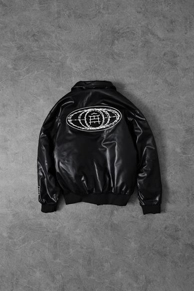 Erkek Siyah Nakış İşlemeli Ekstra Dolumlu Fermuarlı Bomber Deri Ceket