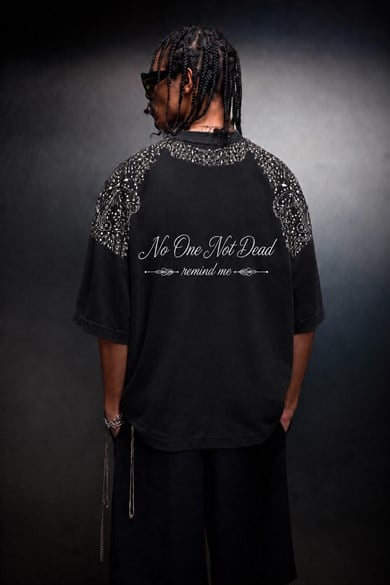 Erkek Siyah No One Not Dead Baskılı Oversize Tshirt