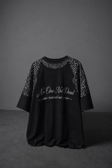 Erkek Siyah No One Not Dead Baskılı Oversize Tshirt