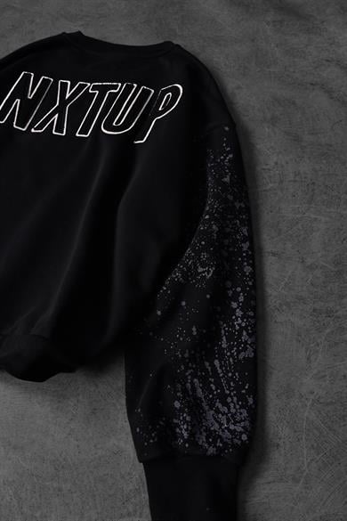 Erkek Siyah Nxtup Nakışlı Kol Detay Oversize Sweatshirt