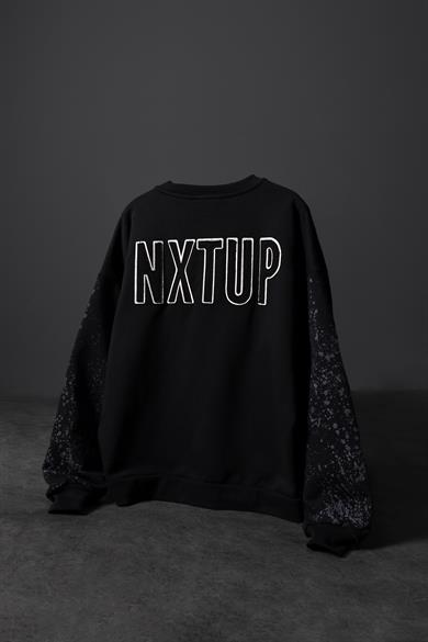 Erkek Siyah Nxtup Nakışlı Kol Detay Oversize Sweatshirt