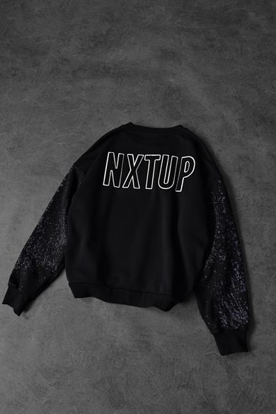 Erkek Siyah Nxtup Nakışlı Kol Detay Oversize Sweatshirt