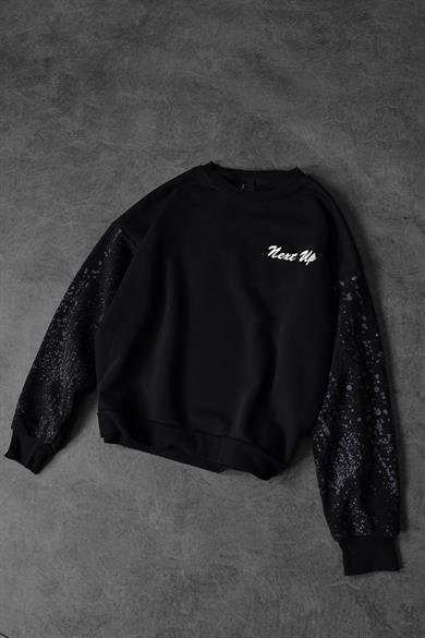 Erkek Siyah Nxtup Nakışlı Kol Detay Oversize Sweatshirt