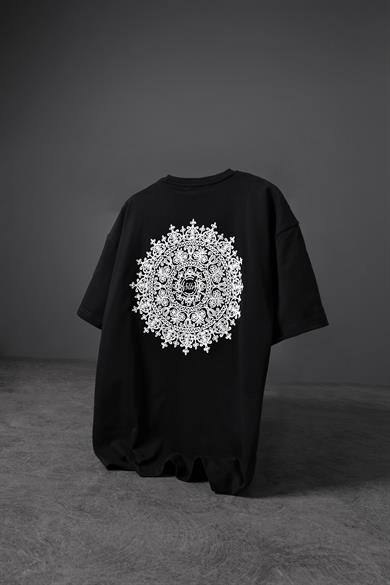 Erkek Siyah Omuz ve Sırt Nakışlı Oversize Tshirt