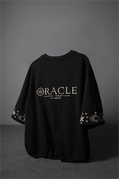 Erkek Siyah Oracle Nakışlı Oversize Tshirt