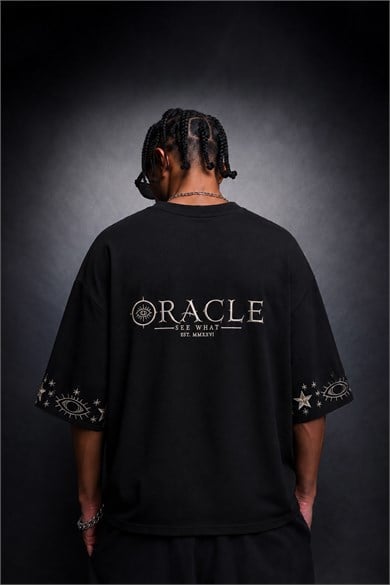 Erkek Siyah Oracle Nakışlı Oversize Tshirt