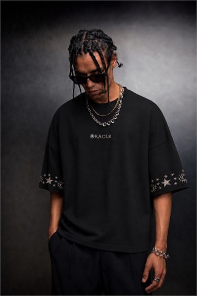 Erkek Siyah Oracle Nakışlı Oversize Tshirt