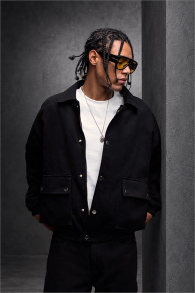 Erkek Siyah Oversize Cepli Gabardin Ceket