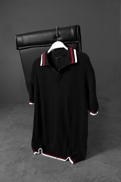 Erkek Siyah Oversize Polo Yaka Örme Tshirt