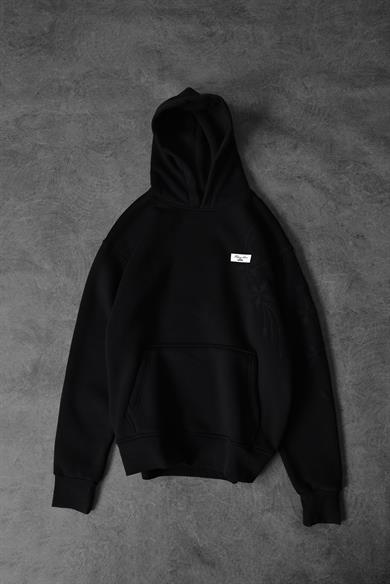 Erkek Siyah Palm Nakışlı Oversize Kapüşonlu Sweatshirt