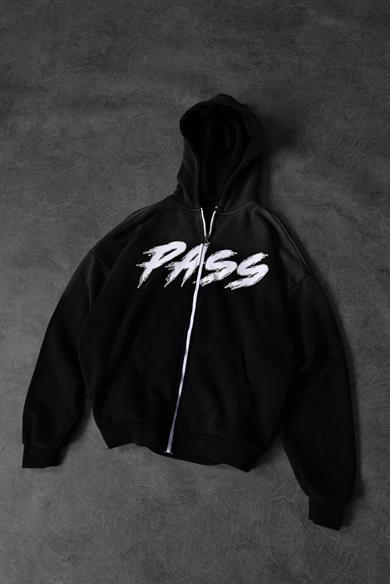 Erkek Siyah Pass Full Zip Özel Yıkamalı Oversize Kapüşonlu Sweatshirt