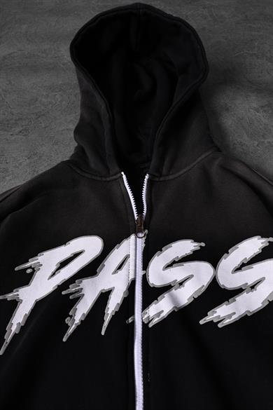 Erkek Siyah Pass Full Zip Özel Yıkamalı Oversize Kapüşonlu Sweatshirt