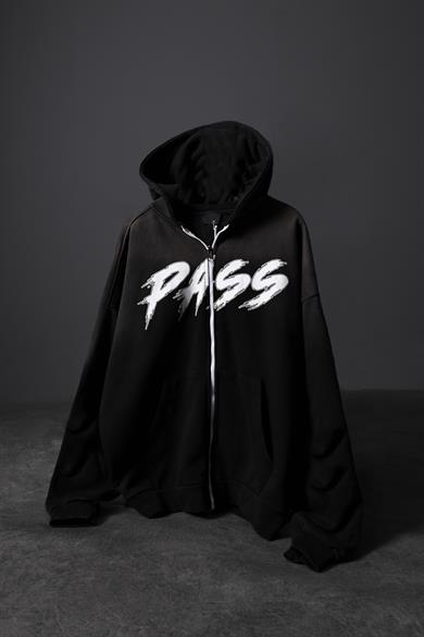 Erkek Siyah Pass Full Zip Özel Yıkamalı Oversize Kapüşonlu Sweatshirt