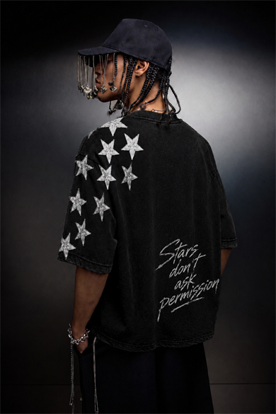 Erkek Siyah Permission Aplike Nakışlı Oversize Tshirt
