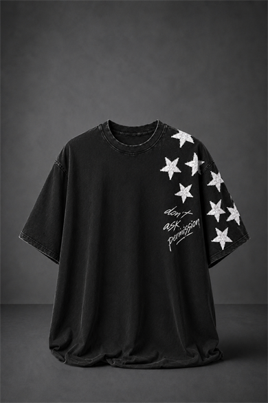 Erkek Siyah Permission Aplike Nakışlı Oversize Tshirt