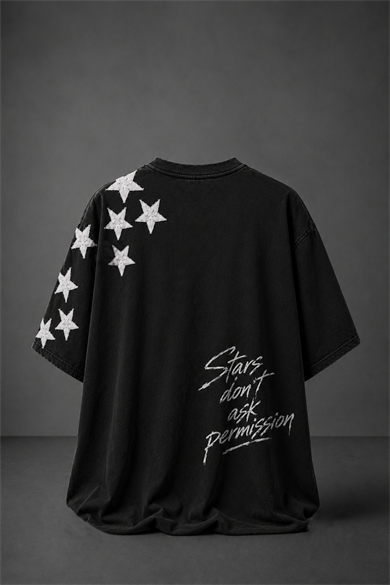 Erkek Siyah Permission Aplike Nakışlı Oversize Tshirt
