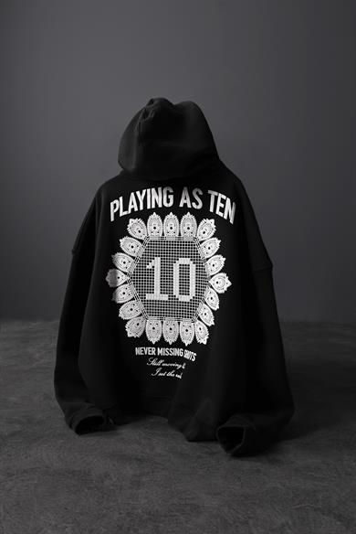 Erkek Siyah Playing As Ten Baskılı Oversize Kapüşonlu Sweatshirt