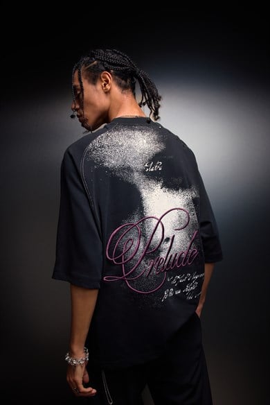 Erkek Siyah Prelude Baskılı Oversize Tshirt