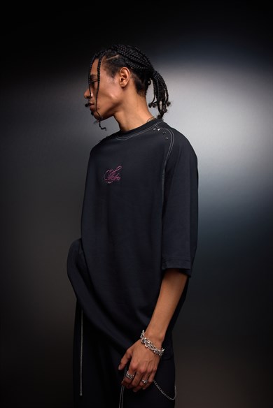Erkek Siyah Prelude Baskılı Oversize Tshirt