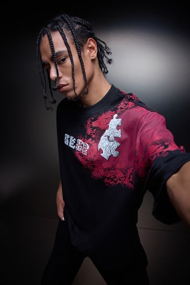 Erkek Siyah Puzzle Kabartma Baskılı Oversize Tshirt