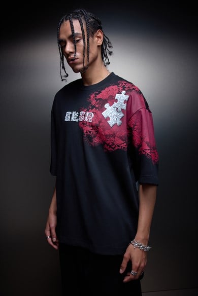 Erkek Siyah Puzzle Kabartma Baskılı Oversize Tshirt