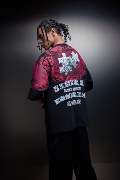Erkek Siyah Puzzle Kabartma Baskılı Oversize Tshirt