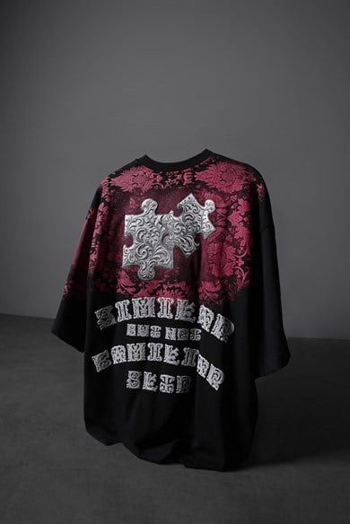 Erkek Siyah Puzzle Kabartma Baskılı Oversize Tshirt