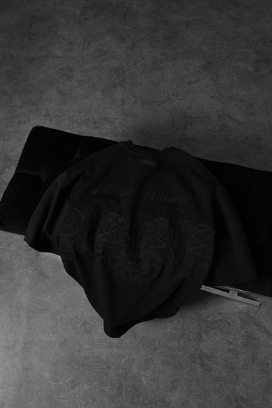 Erkek Siyah Reconnaissance Nakışlı Oversize Tshirt