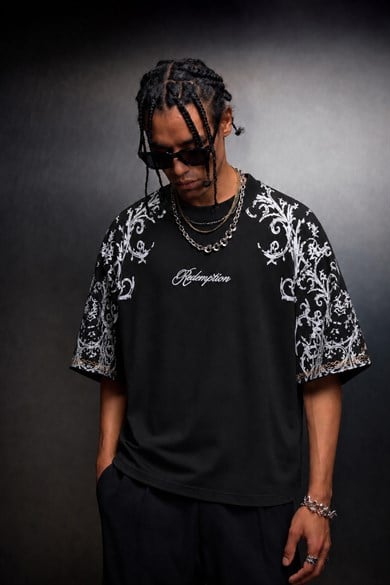 Erkek Siyah Redemption Patchli Baskılı Oversize Tshirt