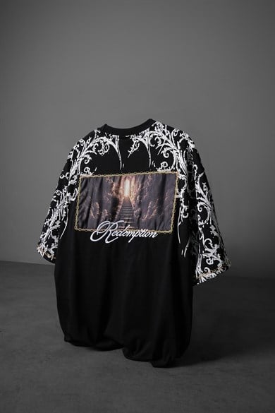 Erkek Siyah Redemption Patchli Baskılı Oversize Tshirt