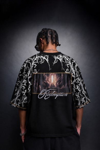 Erkek Siyah Redemption Patchli Baskılı Oversize Tshirt