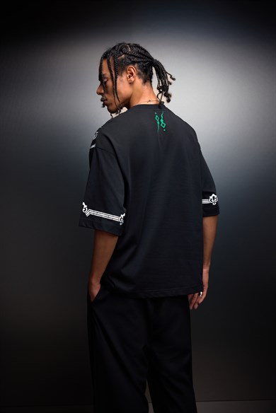 Erkek Siyah Regulan Kabartma Baskılı Oversize Tshirt